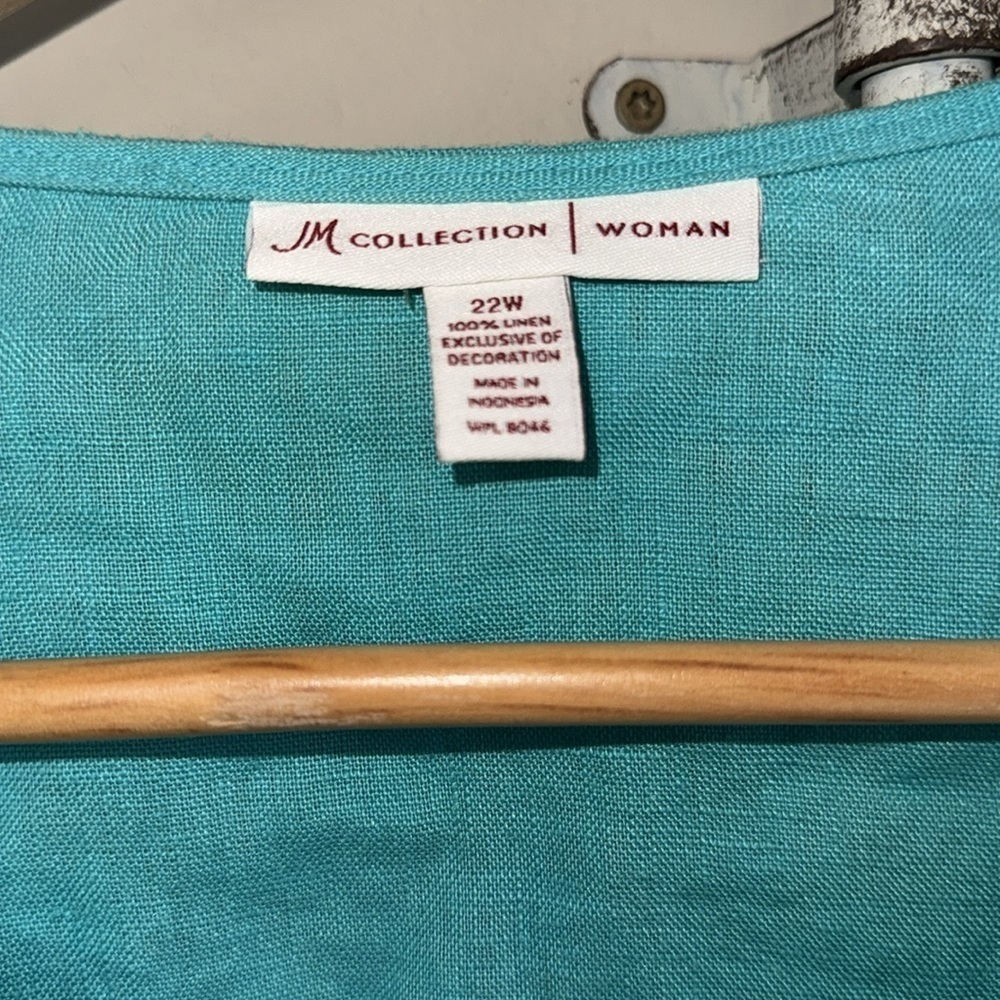 JM collection shirt Turquoise Embroidered Tunic  22W NEW 100% linen slit sides - Picture 2 of 5